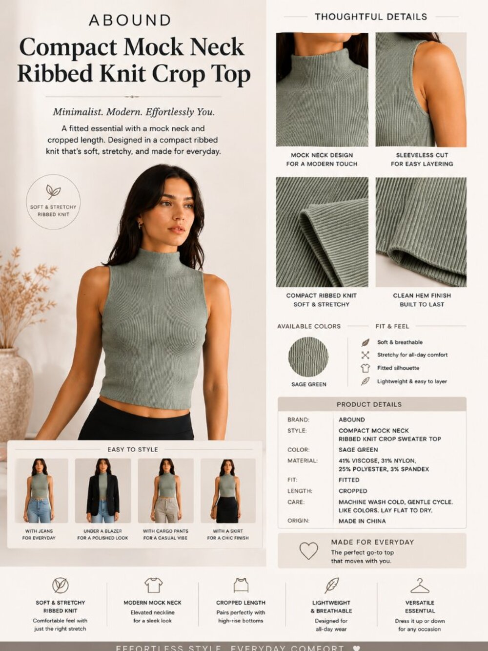 NWT Abound Compact Mock Neck Ribbed Knit Crop Sweater Top Size X-Large